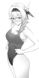 Rule 34 | 1girl, absurdres, bare legs, bare shoulders, black hairband, blush, breasts, cleavage, collarbone, eula (genshin impact), feet out of frame, genshin impact, grey hair, grey one-piece swimsuit, greyscale, hair between eyes, hair ornament, hairband, hands on own hips, highres, large breasts, looking at viewer, medium breasts, medium hair, monochrome, new school swimsuit, one-piece swimsuit, school swimsuit, sideboob, sidelocks, simple background, solo, swimsuit, takai isshiki, white background