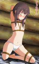 Rule 34 | 1girl, ^ ^, armpits, arms behind head, arms up, barefoot, bdsm, blush, bondage, bound, bound arms, bound legs, brown hair, clenched teeth, closed eyes, collar, crying, dutch angle, embarrassed, female focus, flat chest, full body, have to pee, highres, indoors, japanese text, kneeling, kono subarashii sekai ni shukufuku wo!, medium hair, megamin, megumin, natsuki-s, navel, nipples, nose blush, panties, pee, peeing, peeing self, rope, sidelocks, skindentation, solo, spread legs, stomach, tears, teeth, topless, translation request, trembling, underwear, underwear only, wet, wet clothes, wet panties, white panties