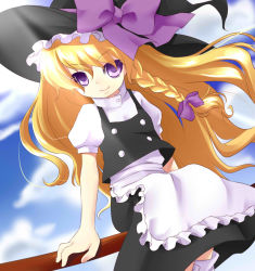 Rule 34 | 1girl, alternate eye color, apron, bad id, bad pixiv id, blonde hair, boots, bow, braid, broom, buttons, cloud, day, female focus, hair bow, hat, hat ribbon, high collar, highres, hikataso, kirisame marisa, long hair, purple eyes, ribbon, short sleeves, single braid, sitting, skirt, sky, smile, solo, touhou, vest, wind, witch, witch hat