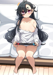 Rule 34 | 1girl, absurdres, ahoge, black hair, blush, bottomless, breasts, collarbone, couch, curvy, downer kid (konoshige), female focus, full body, head tilt, highres, indoors, konoshige (ryuun), large areolae, long hair, looking at viewer, medium breasts, messy hair, mole, mole under mouth, nintendo switch, nipple slip, nipples, no bra, one breast out, original, pink eyes, shiny skin, sitting, solo, thick eyebrows, thick thighs, thighs, very long hair, wide hips