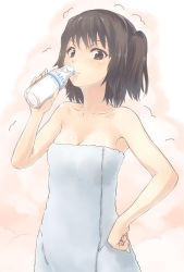 Rule 34 | 10s, 1girl, bare arms, bare shoulders, blush, bottle, breasts, brown eyes, brown hair, cleavage, collarbone, drinking, hand on own hip, highres, kantai collection, looking at viewer, matching hair/eyes, medium breasts, milk bottle, naked towel, parted lips, sendai (kancolle), side ponytail, simple background, solo, towel, trembling, two side up, urigarasu