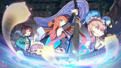 4girls absurdres alchemy atelier_(series) atelier_ayesha atelier_lydie_&amp;_suelle atelier_rorona atelier_sophie atelier_sophie_2 black_hat brown_hair carelier11 cauldron chinese_commentary commentary_request ghost hand_up hands_up hat highres holding hom_(atelier) in-franchise_crossover index_finger_raised indoors long_hair long_sleeves lydie_malen multiple_girls open_mouth own_hands_together pink_eyes pink_hair pointy_ears purple_hair red_hair short_hair smile sophie_neuenmuller stirring wilbell_voll-ersleid witch witch_hat