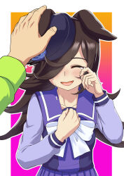 Rule 34 | 1girl, absurdres, black hair, blue flower, blue hat, blue rose, bow, cheesecake (artist), closed eyes, commentary request, crying, facing viewer, flower, hair over one eye, hand on own chest, happy, hat, hat flower, highres, horse girl, long hair, long sleeves, open mouth, outline, outside border, partial commentary, pov, purple sailor collar, purple shirt, rice shower (umamusume), rose, sailor collar, school uniform, shirt, smile, solo, standing, tears, tilted headwear, tracen school uniform, trainer (umamusume), umamusume, white bow, white outline, wiping tears