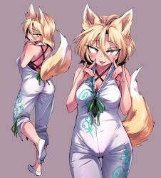 Rule 34 | 1girl, :3, animal ears, blonde hair, breasts, cleavage, double fox shadow puppet, fangs, fox ears, fox girl, fox shadow puppet, fox tail, green ribbon, kudamaki tsukasa, ribbon, romper, shimizu pem, simple background, sleeveless, smile, solo, tail, touhou, white romper, yellow eyes