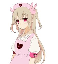 Rule 34 | &gt; &lt;, 1girl, apron, bandaged arm, bandages, blush, center frills, closed mouth, collared shirt, fang, fang out, fingernails, frills, hair ornament, hat, heart, light brown hair, long hair, looking at viewer, nail polish, natori sana, nuno (pppompon), nurse cap, pink apron, pink hat, puffy short sleeves, puffy sleeves, rabbit hair ornament, red nails, sana channel, shirt, short sleeves, simple background, solo, thighhighs, two side up, very long hair, virtual youtuber, white background, white shirt, white thighhighs