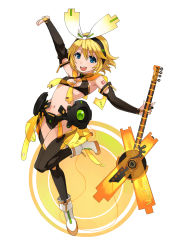 Rule 34 | 1girl, bass guitar, belt, blonde hair, blue eyes, boots, breasts, caee penguin, cosplay, covered erect nipples, elbow gloves, fingerless gloves, gloves, hair ribbon, hatsune miku, hatsune miku (append), headphones, highres, instrument, kagamine rin, miku append (cosplay), navel, nipples, ribbon, short hair, small breasts, smile, solo, thighhighs, vocaloid, vocaloid append