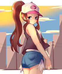 Rule 34 | 1340smile, 1girl, absurdres, baseball cap, blue eyes, brown hair, brown vest, closed mouth, cloud, commentary, creatures (company), day, denim, denim shorts, eyelashes, game freak, hat, high ponytail, highres, hilda (pokemon), long hair, looking at viewer, nintendo, open clothes, open vest, outdoors, pokemon, pokemon bw, power lines, shirt, short shorts, shorts, sidelocks, sky, sleeveless, sleeveless shirt, solo, two-tone headwear, utility pole, vest, white shirt