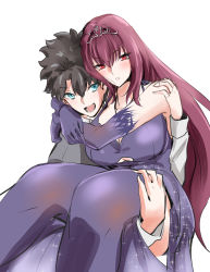 Rule 34 | 1boy, 1girl, :d, absurdres, bare shoulders, black hair, blue eyes, breasts, carrying, cleavage, elbow gloves, fate/grand order, fate (series), fujimaru ritsuka (male), gloves, highres, long hair, looking at viewer, mogi yasunobu, open mouth, princess carry, purple eyes, purple hair, purple thighhighs, scathach (fate), smile, thighhighs, tiara, very long hair