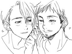 Rule 34 | 2boys, christophe giacometti, facial hair, greyscale, looking at another, male focus, monochrome, mouri, multiple boys, smile, translated, upper body, viktor nikiforov, yuri!!! on ice