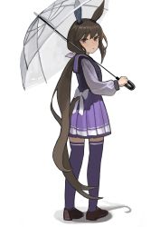 Rule 34 | 1girl, absurdres, admire vega (umamusume), animal ears, blush, brown footwear, clothing cutout, full body, garoppui, highres, holding, holding umbrella, horse ears, horse girl, horse tail, long hair, long sleeves, looking at viewer, looking to the side, low ponytail, parted lips, purple shirt, purple skirt, purple thighhighs, red eyes, sailor collar, school uniform, shadow, shirt, shoes, simple background, skirt, solo, standing, tail, tail through clothes, thighhighs, tracen school uniform, transparent, transparent umbrella, umamusume, umbrella, very long hair, white background