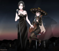 Rule 34 | 2girls, alternate costume, black dress, breasts, cleavage, country connection, darkpulsegg, dress, fx-05 (girls&#039; frontline), girls&#039; frontline, guitar, hat, instrument, mariachi, mexican dress, mexico, microphone, microphone stand, mondragon m1908 (girls&#039; frontline), multiple girls, music, seat, signature, singing, sombrero