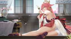 Rule 34 | 1girl, :t, animal ears, ass, backless outfit, bare back, bare shoulders, breasts, dango, detached sleeves, food, fox ears, genshin impact, highres, holding, holding food, indoors, large breasts, linreplica, long hair, long sleeves, looking at viewer, pink hair, purple eyes, sanshoku dango, shirt, shoes, shorts, smile, solo, thighs, very long hair, wagashi, white shirt, white shorts, yae miko