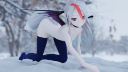 Rule 34 | 3d, animal ears, breasts, collar, crawling, exhibitionism, fox ears, fox girl, fox tail, heterochromia, highres, looking at viewer, nude, original, outdoors, public indecency, self-upload, sigmathefox, small breasts, smug, snow, tail, thighhighs, wings