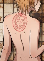 Rule 34 | 1girl, back, back focus, back tattoo, blonde hair, body freckles, breasts, dimples of venus, facing away, freckles, from behind, heather mason, highres, magic circle, nude, runes, short hair, silent hill, silent hill (series), silent hill 3, solo, tattoo, tile wall, tiles, upper body