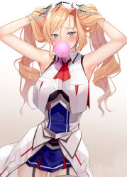 Rule 34 | 1girl, arms up, bad id, bad twitter id, blonde hair, blue eyes, blush, breast pocket, breasts, blowing bubbles, chewing gum, drill hair, garter straps, gradient background, hair between eyes, hands in hair, headgear, highres, honolulu (kancolle), kantai collection, large breasts, long hair, pallad, pocket, red neckwear, simple background, sleeveless, solo, twin drills