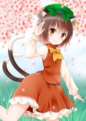 Rule 34 | 1girl, :3, absurdres, animal ears, bad anatomy, bad id, bad pixiv id, blurry, blush, bow, bowtie, brown hair, cat ears, cat girl, cat tail, chen, cherry blossoms, earrings, female focus, frilled skirt, frills, grass, hat, highres, jewelry, looking at viewer, mob cap, multiple tails, orange eyes, petals, puffy sleeves, shirt, short hair, short sleeves, single earring, skirt, skirt set, solo, tail, touhou, vest, yuzucha (sora-neko)