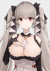 Rule 34 | 1girl, absurdres, arm at side, azur lane, bad id, bad pixiv id, bare shoulders, between breasts, black choker, black dress, black ribbon, blush, breasts, choker, cleavage, closed mouth, collarbone, crossed bangs, dress, earrings, formidable (azur lane), grey background, hair ribbon, hand on own chest, hand up, highres, jewelry, kurohikage, large breasts, long hair, looking at viewer, red eyes, ribbon, sidelocks, silver hair, simple background, smile, solo, twintails, two-tone dress, two-tone ribbon, upper body, white choker, white dress, white ribbon