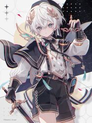 Rule 34 | 1boy, black gloves, black horts, bow, capelet, constellation, cowboy shot, fingerless gloves, gloves, grey eyes, highres, holding, long sleeves, looking at viewer, male focus, moon, nail polish, namiki itsuki, night, night sky, original, shooting star, shorts, sky, solo, space, sparkle, star (sky), starry sky, suspenders, sword, weapon