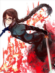 Rule 34 | 1girl, black-framed eyewear, black gloves, bodysuit, braid, brown eyes, brown hair, closed mouth, commentary request, dual wielding, ear piercing, earrings, fate/grand order, fate (series), fire, glasses, gloves, grey bodysuit, gurifu, holding, holding sword, holding weapon, jewelry, long hair, looking away, outstretched arm, piercing, sidelocks, signature, simple background, single braid, solo, striped, sword, vertical stripes, very long hair, weapon, white background, yu mei-ren (fate), yu mei-ren (first ascension) (fate)