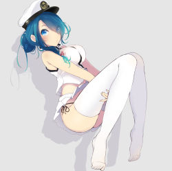 Rule 34 | 10s, 1girl, alternate costume, bad id, bad pixiv id, bare shoulders, blue eyes, blue hair, breasts, eyes visible through hair, female admiral (kancolle), grey background, hair over one eye, hat, highres, kantai collection, large breasts, long hair, lying, matching hair/eyes, midriff, miniskirt, on side, panties, shadow, side-tie panties, skirt, solo, tebi (tbd11), thighhighs, underwear, white skirt, white thighhighs