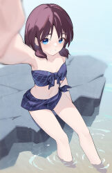 Rule 34 | 1girl, bare arms, bikini, blue bikini, blue eyes, blush, breasts, brown hair, chinese commentary, commentary request, day, girls band cry, highres, iseri nina, looking at viewer, outdoors, parted lips, rock, selfie, short twintails, sitting, small breasts, soaking feet, solo, swimsuit, twintails, water, yun cao bing