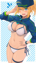 Rule 34 | 1girl, absurdres, ahoge, artoria pendragon (fate), baseball cap, bikini, blonde hair, blue eyes, blue hat, blue jacket, blush, breasts, cleavage, cropped jacket, fate/grand order, fate (series), hair between eyes, hair through headwear, hand on own hip, hat, highres, jacket, large breasts, long hair, long sleeves, looking at viewer, metalfrog, mysterious heroine x (fate), mysterious heroine xx (fate), navel, one eye closed, open mouth, ponytail, salute, shrug (clothing), sidelocks, smile, solo, swimsuit, thighs, white bikini, wristband