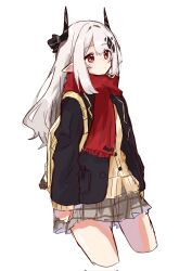 Rule 34 | 1girl, arknights, backpack, bag, black jacket, blazer, cardigan, commentary request, contemporary, diamond hair ornament, expressionless, grey skirt, highres, horns, jacket, long sleeves, looking to the side, mudrock (arknights), pointy ears, red eyes, red scarf, scarf, school uniform, shinogu ao, skirt, solo, white hair, yellow cardigan