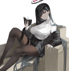 Rule 34 | 1girl, absurdres, black hair, black jacket, black pantyhose, black skirt, blue archive, blunt bangs, book, breasts, buri (retty9349), clothes pull, feet out of frame, hair ornament, hairclip, halo, hand up, high-waist skirt, highres, holding, holding book, impossible clothes, impossible sweater, jacket, jacket pull, large breasts, long hair, long sleeves, looking at viewer, miniskirt, off shoulder, open clothes, open jacket, pantyhose, parted lips, red eyes, ribbed sweater, rio (blue archive), simple background, sitting, skirt, solo, straight hair, sweater, thigh strap, turtleneck, turtleneck sweater, very long hair, white background, white sweater