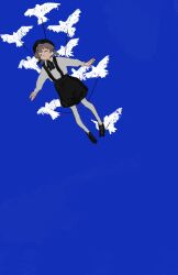 Rule 34 | 1girl, beret, bird, black hat, black ribbon, black skirt, blue background, brown hair, closed eyes, collared shirt, dot mouth, flying, funao oekaki, hat, hatoba tsugu, highres, lifting another&#039;s clothes, long sleeves, mole, mole under eye, neck ribbon, outstretched arms, pantyhose, ribbon, shirt, shirt tucked in, shoes, short hair, skirt, solo, spread arms, string, suspender skirt, suspenders, tsugu (vtuber), virtual youtuber, white bird, white pantyhose, white shirt