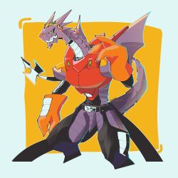 Rule 34 | absurdres, arresterdramon, black pants, colored skin, covered mouth, cowboy shot, digimon, digimon (creature), dragon, gloves, goggles, goggles on head, green eyes, highres, notaventura, orange gloves, pants, purple skin, purple tail, purple wings, solo, wings
