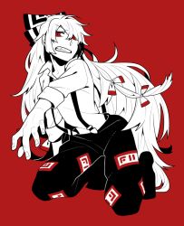 Rule 34 | 1girl, bow, clenched teeth, collared shirt, foreshortening, fujiwara no mokou, full body, hair bow, hosomitimiti, kneeling, long hair, looking at viewer, monochrome, red background, red eyes, shirt, solo, spot color, suspenders, teeth, touhou, very long hair