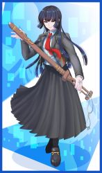 Rule 34 | 1girl, black hair, breasts, buttons, collared shirt, full body, grey eyes, grey skirt, highres, hiota (kuhi 0301), holding, holding sword, holding weapon, long hair, long sleeves, protagonist 2 (housamo), necktie, red necktie, school uniform, shirt, skirt, small breasts, smile, solo, sword, tokyo houkago summoners, weapon, white shirt, wooden sword