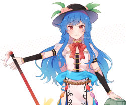 Rule 34 | 1girl, arm up, artist name, back bow, belt, black hat, blue belt, blue bow, blue hair, blush, bow, bowtie, breasts, china dress, chinese clothes, closed mouth, dress, fingernails, food, fruit, hair between eyes, hand up, hat, hat ornament, hinanawi tenshi, leaf, long hair, looking at viewer, medium breasts, mozukuzu (manukedori), nail polish, peach, pink nails, puffy short sleeves, puffy sleeves, rainbow, red bow, red bowtie, red eyes, short sleeves, simple background, smile, solo, standing, sword, touhou, weapon, white background, white dress