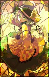 Rule 34 | 1girl, :d, absurdres, black hat, blouse, bow, bright pupils, commentary request, feet out of frame, flat chest, floral print, frilled sleeves, frills, from side, green eyes, green hair, green skirt, hair between eyes, hand on headwear, hat, hat bow, heart, heart of string, highres, komeiji koishi, long sleeves, looking at viewer, looking to the side, medium hair, open mouth, print skirt, rose print, shirt, skirt, sleeves past fingers, sleeves past wrists, smile, solo, stained glass, third eye, thorns, touhou, twitter username, uninosono, white pupils, wide sleeves, yellow background, yellow bow, yellow shirt