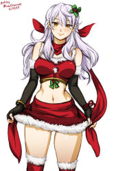 Rule 34 | 1girl, 2019, artist name, bare shoulders, blush, bow, bracelet, christmas, crop top, dated, detached sleeves, duplicate, elbow gloves, female focus, fingerless gloves, fire emblem, fire emblem: radiant dawn, fur-trimmed gloves, fur-trimmed skirt, fur trim, gloves, gluteal fold, hair between eyes, hair bow, hair ornament, jewelry, micaiah (fire emblem), midriff, mina cream, navel, nintendo, pixel-perfect duplicate, pulled by self, red bow, red ribbon, ribbon, santa costume, simple background, skirt, smile, solo, thigh gap, thighs, white background, white hair, yellow eyes