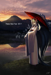 Rule 34 | 1girl, 2017, absurdres, bird, blonde hair, blunt bangs, blurry, chinese zodiac, closed mouth, cloud, crane (animal), depth of field, english text, full body, furisode, hairband, happy new year, highres, japanese clothes, kimono, long hair, long sleeves, looking at viewer, mountain, new year, obi, oil-paper umbrella, original, outdoors, piniita, pond, red eyes, reflection, rooster tail, sandals, sash, sidelocks, signature, sky, solo, standing, sunset, tail, umbrella, water, year of the rooster