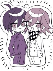 Rule 34 | 2boys, :d, ahoge, alternate costume, alternate hair color, blush, buttons, checkered clothes, checkered scarf, chibi, cropped legs, danganronpa (series), danganronpa v3: killing harmony, double-breasted, hair between eyes, highres, long sleeves, male focus, multiple boys, oma kokichi, open mouth, pants, pink eyes, pink hair, saihara shuichi, scarf, smile, urami0310