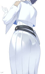 Rule 34 | 1girl, absurdres, aoi (blue archive), ass, black panties, blue archive, blue hair, dress, from behind, gloves, highres, leaning forward, long sleeves, medium hair, panties, panties visible through clothes, simple background, solo, tomid, underwear, white background, white dress, white gloves