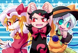 Rule 34 | &gt;:d, 3girls, :d, annoyed, aqua eyes, arm up, arms up, bags under eyes, black hair, blonde hair, bow, clenched hand, dress, fangs, female focus, flandre scarlet, hair ornament, hairclip, holding hands, houjuu nue, komeiji koishi, multiple girls, o3o, open mouth, red eyes, ringed eyes, shirt, short hair, silver hair, sizma, skirt, smile, sparkle, sweatdrop, third eye, touhou, v-shaped eyebrows, wavy mouth, wince