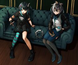 Rule 34 | 2girls, animare, black-framed eyewear, black dress, black footwear, black gloves, black hair, black shirt, blue bow, blue bowtie, blue hair, blue skirt, blue thighhighs, book, boots, bow, bowtie, breasts, closed mouth, commentary, commentary request, couch, cross print, crossed bangs, demon girl, demon horns, demon tail, dress, eye hair ornament, eye of providence, fang, flat chest, full body, glasses, gloves, green eyes, grey thighhighs, head wings, highres, horns, indoors, long hair, long sleeves, looking at viewer, medium hair, momose nasukura, multicolored hair, multiple girls, nanashi inc., official alternate costume, open mouth, oura rukako, oura rukako (1st costume), pencil skirt, pointy ears, polka dot bowtie, red eyes, red nails, semi-rimless eyewear, shirt, shishio chris, shishio chris (3rd costume), short hair, short sleeves, single thighhigh, sitting, skirt, small breasts, smile, streaked hair, striped clothes, striped thighhighs, sugar lyric, tail, thighhighs, two-tone hair, under-rim eyewear, vest, virtual youtuber, white hair, white vest, wings, wooden floor, wristband
