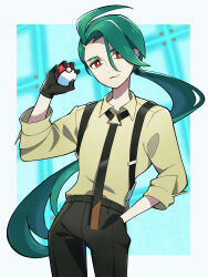 Rule 34 | 1girl, absurdres, ahoge, black necktie, black pants, bright pupils, closed mouth, collared shirt, commentary request, cowboy shot, creatures (company), game freak, green hair, hand in pocket, hand up, head tilt, highres, holding, holding poke ball, long hair, necktie, nintendo, nori (hgdm2784), pants, poke ball, poke ball (basic), pokemon, pokemon sv, ponytail, red eyes, rika (pokemon), shirt, sleeves rolled up, smile, solo, suspenders, white pupils
