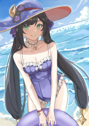 Rule 34 | 1girl, absurdres, alternate costume, bare arms, beach, breasts, choker, cleavage, day, enqiddo, eyewear on headwear, frilled choker, frilled one-piece swimsuit, frilled swimsuit, frills, genshin impact, green eyes, grin, hat, highres, holding, holding swim ring, innertube, long hair, medium breasts, mona (genshin impact), ocean, one-piece swimsuit, outdoors, purple hat, sand, smile, solo, sparkle, star (symbol), summer, sun hat, swept bangs, swim ring, swimsuit, twintails, very long hair, water, white choker, wristband