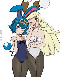 Rule 34 | 2021, 2girls, animal ears, azumarill, azumarill (cosplay), bare shoulders, black pantyhose, blonde hair, blowing kiss, blue eyes, blue hair, blue leotard, blush, braid, breasts, bright pupils, buneary, buneary (cosplay), circlet, collarbone, commission, cosplay, cowboy shot, creatures (company), fake animal ears, feet out of frame, female focus, flat chest, game freak, gen 2 pokemon, gen 4 pokemon, green eyes, groin, hand on own face, highleg, highleg leotard, holding hands, interlocked fingers, lana (pokemon), leotard, lillie (pokemon), long hair, looking at viewer, multiple girls, nintendo, one eye closed, open mouth, pantyhose, playboy bunny, pokemon, pokemon sm, rabbit ears, short hair, small breasts, smile, sooperman, standing, strapless, strapless leotard, thigh gap, white background, white leotard, white pupils