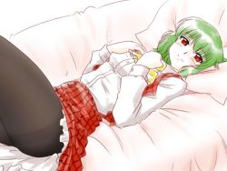Rule 34 | 1girl, ascot, ass, bed, dutch angle, female focus, green hair, hands on own chest, kazami yuuka, lying, on back, pantyhose, pillow, plaid, plaid skirt, plaid vest, red eyes, short hair, skirt, skirt set, smile, solo, supon, touhou, vest