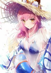 Rule 34 | 1girl, animal ears, bikini, blue bikini, blush, breasts, ears through headwear, fate/grand order, fate (series), fox ears, hair between eyes, hair down, hat, highres, innertube, long hair, looking at viewer, medium breasts, parted lips, pink hair, see-through, shirt, solo, straw hat, swim ring, swimsuit, tamamo (fate), tamamo no mae (fate/extra), tamamo no mae (swimsuit lancer) (fate), tamamo no mae (swimsuit lancer) (second ascension) (fate), tr (kangtw123), upper body, water drop, wet, wet clothes, wet shirt, yellow eyes