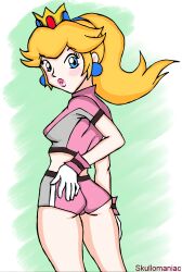 Rule 34 | 1girl, absurdres, artist name, artist request, ass, blonde hair, blue eyes, breasts, gloves, hand on own ass, highres, legs, looking at viewer, looking back, mario (series), midriff, nintendo, open mouth, pink lips, ponytail, princess, princess peach, shorts, sideboob, small breasts, source request, super mario strikers, thighs