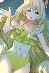 Rule 34 | 1girl, blonde hair, butterfly hair ornament, celine (fire emblem), clothing cutout, diamond cutout, edamameoka, fire emblem, fire emblem engage, green eyes, hair ornament, highres, long hair, looking at viewer, navel, navel cutout, nintendo, one-piece swimsuit, solo, swimsuit, very long hair