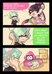 Rule 34 | + +, apron, batter, callie (splatoon), casual, comic, commentary, cousins, earrings, fangs, gomipomi, green hair, highres, inkling, jewelry, long hair, marie (splatoon), mask, mixing bowl, mole, mole under eye, multicolored hair, nintendo, open mouth, pancake mix, pink eyes, pink hair, pointy ears, purple hair, short hair, smile, squid, tentacle hair, whisk, yellow eyes