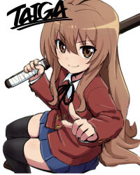 Rule 34 | 1girl, aisaka taiga, black ribbon, black thighhighs, blazer, blue skirt, bokken, brown eyes, brown footwear, brown hair, buttons, character name, closed mouth, collared shirt, commentary, double-breasted, from above, from side, haaam, hair between eyes, holding, holding sword, holding weapon, index finger raised, jacket, loafers, long hair, looking at viewer, neck ribbon, oohashi high school uniform, pleated skirt, pointing, pointing at viewer, red jacket, ribbon, school uniform, shirt, shoes, simple background, sitting, skirt, smile, solo, sword, thighhighs, toradora!, very long hair, weapon, white background, white shirt, wooden sword, zettai ryouiki