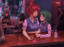 Rule 34 | 1boy, 4girls, bar (place), blue vest, blush, breasts, choko (cup), commentary request, cup, drinking glass, drunk, closed eyes, flat chest, green eyes, green hair, hair bobbles, hair ornament, horns, juliet sleeves, large breasts, long sleeves, looking at another, multiple girls, no headwear, no headwear, onozuka komachi, open mouth, parted lips, puffy short sleeves, puffy sleeves, red hair, roke (taikodon), sakazuki, shiki eiki, short hair, short sleeves, smile, tokkuri, touhou, two side up, vest, window